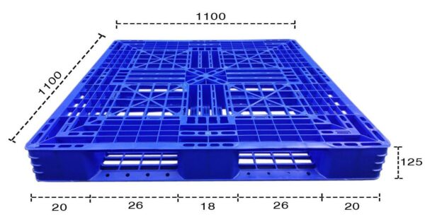 Mặt trên và thông số Pallet nhựa 1100 x 1100 x 125mm màu xanh dương nhạt